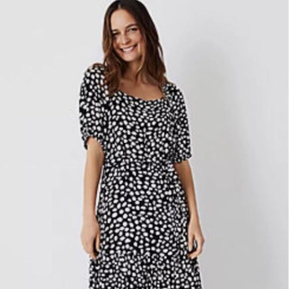 NWT Ann Taylor Spotted Polka Dot Puff Sleeve Boho Tiered Maxi Dress _ Petite XS - Picture 2 of 10